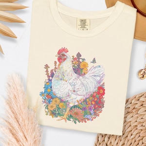 Whimsical Chicken Floral Graphic Tee Boho Farm Shirt Colorful Rooster Print Comfort Colors 1717 Surreal Cottagecore POD Gift for Hen Lovers