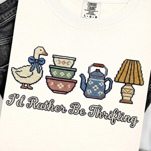 I'd Rather Be Thrifting Cross Stitch Style PNG Clipart | Thrift Shop Digital Download | Goose Bowl Lamp Kettle Sublimation Design