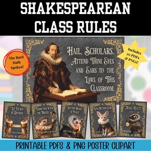 May include: A digital art print featuring Shakespearean class rules. The main image shows a portrait of William Shakespeare with text. Below are six smaller prints with animal illustrations and quotes. Includes 20 PDFs and PNGs.