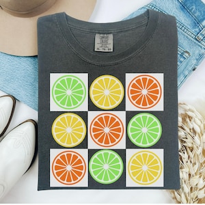 Fruit Slice Checkerboard Shirt Comfort Colors 1717 Clean Citrus Graphic Tee Orange Lemon Lime Y2K Aesthetic Retro Summer Fruitcore Top