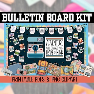 Paquete de imágenes prediseñadas de tablón de anuncios de viajes por el mundo de aventuras, decoración de clases, escuela secundaria, geografía, PNG, postales, cámara, maleta, globo terráqueo 2