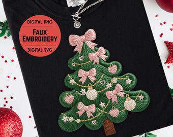 Faux Embroidery Christmas Tree PNG SVG | Pink Bow Tree Design for Printing and POD | Digital Embroidered Holiday Art