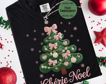Faux Embroidery Christmas Tree PNG SVG | Coquette Holiday Tree Design for Printing and POD | Digital Embroidered Art | Chérie Noël