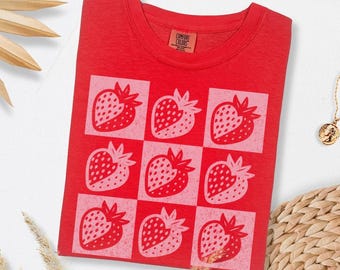 Comfortkleuren Aardbei-shirt Dambordroze en zwart Y2K Fruit-T-shirt Retro Groovy Graphic Summer Top Fruitycore Esthetic
