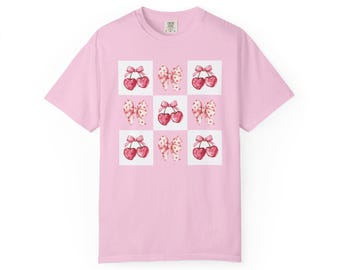 Cherry Coquette Bow Shirt Comfort Colors 1717 Watercolor Y2K Heart Fruit Graphic Tee Pink Aesthetic Cottagecore Girlycore Summer Top