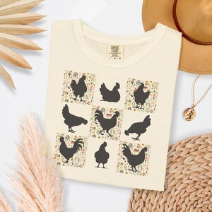 Chicken Silhouette Shirt Comfort Colors 1717 Folk Art Grid Tee Country Farm Chicken Graphic Rooster Hen Print Cottagecore Homestead Style