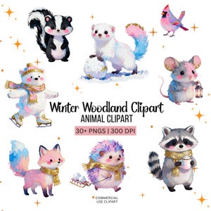 Winter Pastel Animal Clipart Set Brushstroke Woodland Animals Winter PNG Bundle Cute Forest Creatures Glitter Accents 300 DPI Commercial Use