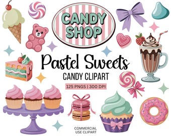 Könnte beinhalten: Eine digitale Illustration mit verschiedenen Süßigkeiten und Süßwaren in Pastellfarben. Das Bild enthält Cupcakes, einen Milchshake, einen Donut, einen Lolli und ein Schild mit der Aufschrift "Candy Shop". Text: "Pastel Sweets Candy Clipart".