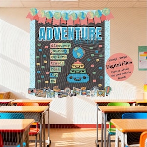 May include: A classroom bulletin board with the word "ADVENTURE" in large blue letters. The board features travel-themed graphics, including suitcases, a globe, and the text "Digital Files". The board is decorated with globe and banner cutouts.