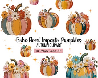 Floral bohème citrouille Clipart pastel automne floral citrouilles récolte d'automne numérique PNG Bundle citrouilles peintes colorées 300 DPI usage Commercial