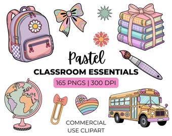 Material escolar pastel PNG pacote coquete arco-íris sala de aula clipart kawaii mesa do professor ônibus laptop mochila livros download digital