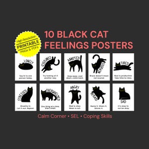 Può includere: Un set di 10 poster sulle emozioni con gatti neri dagli occhi gialli ed etichette di testo per sentimenti come solitario, confuso, infastidito, nervoso, stanco, stressato, sopraffatto, arrabbiato, spaventato e triste.