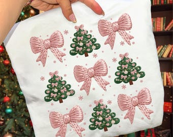 Pink Embroidered Christmas Tree and Bow PNG Set Coquette Aesthetic Digital Download 3x3 Design Vintage Stitch Texture Clipart for Crafts