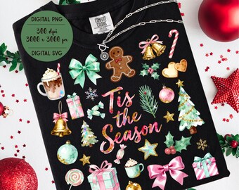 Tis the Season Watercolor Christmas Clipart PNG and SVG Set Pink Mint Gold Holiday Bundle with Gifts Cocoa Trees Stars and Festive Art
