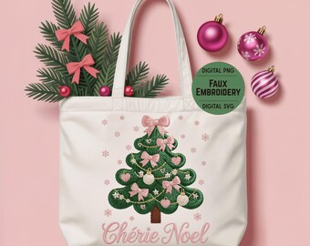 Faux Embroidery Christmas Tree PNG SVG | Coquette Holiday Tree Design for Printing and POD | Digital Embroidered Art | Chérie Noël