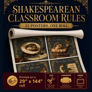 Op de afbeelding: Een rol met 22 Shakespeare-klaslokaalposters van 74 cm bij 366 cm. De posters bevatten dierenillustraties met tekst, waaronder Take Heed, Tarry Not With The Trifles, Let Tis Not Be Divided en Mend Thy Ways.