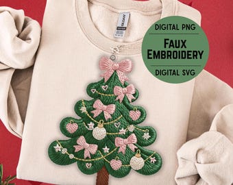 Faux Embroidery Christmas Tree PNG SVG | Pink Bow Tree Design for Printing and POD | Digital Embroidered Holiday Art