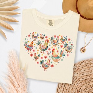 Colorful Chicken Heart Shirt Comfort Colors 1717 Cute Boho Folk Art Hen Tee Farm Animal Graphic Cottagecore Chicken Lady Gift Top