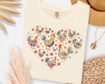Bunt Huhn Herz Shirt Komfort Farben 1717 Süß Boho Volkskunst Henne Tee Bauernhof Tier Grafik Cottagecore Huhn Dame Geschenk Top