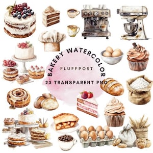 Bakery Baking Clipart, Watercolor, Baking PNG, Bakery Clipart Bundle, Dessert, Coffee, Baking tools, Transparent PNG downloads,Cinnamon roll