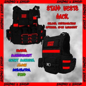 Puede incluir: Chalecos tácticos negros con detalles rojos y el texto "SERVER OWNER." Los chalecos tienen múltiples bolsillos y están etiquetados como "STAFF VESTS PACK." El texto adicional incluye "COLOUR CUSTOMISATION OPTIONAL ON REQUEST" y roles de personal.