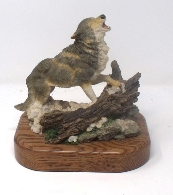 Cool Wolf Solid cast resin figurine mounted to a solid Oak base