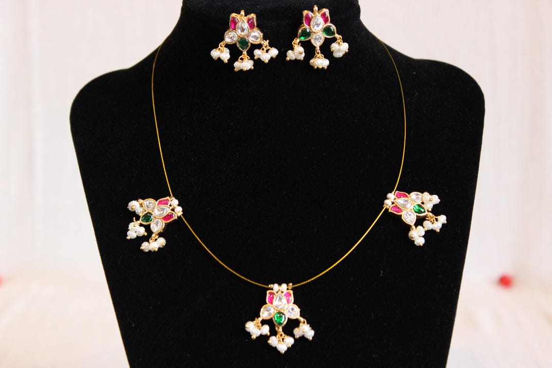 Handcrafted Invisible Gold Necklace and Earring Set With Gemstones and ...
