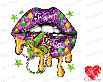 May include: Purple and gold lips with a dripping gold design and a green fleur-de-lis. The lips are decorated with a purple, gold, and green chequered pattern.