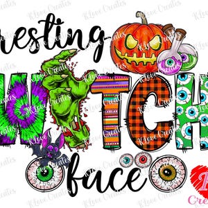 May include: A Halloween-themed graphic with the words "resting watch face." The design includes a green zombie hand, a jack-o'-lantern, potion bottles, and eyeballs. The letters are decorated with tie-dye, plaid, and eye patterns.