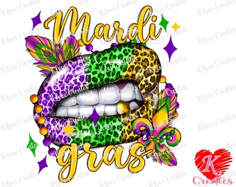 May include: Mardi Gras themed graphic featuring purple, green and gold leopard print lips with gold teeth. The lips are surrounded by feathers and beads. The text "Mardi Gras" is written in yellow letters above the lips.