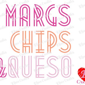 May include: A graphic design with the text "MARGS CHIPS & QUESO" in pink, orange, and purple. The text is in a bold, outlined font. The background is white. The image also includes a pink heart with a white "K" in the center.