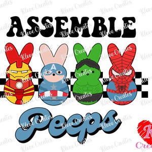 May include: Assemble Peeps graphic with four marshmallow peeps dressed as superheroes. The peeps are Iron Man, Captain America, Hulk, and Spiderman. The text "Assemble Peeps" is in a retro font.
