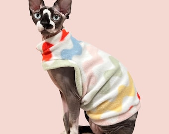 Sphynx Cat Shirt Fleece Sweater - Wavy Stripes - One Arm Hole Hairless Cat Clothes