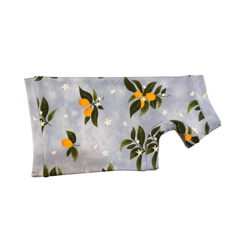 May include: A light blue garment with a pattern of yellow lemons, green leaves, and white flowers. The fabric is folded, showing the inside and outside of the garment. The garment appears to be a shirt or top.