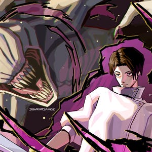 May include: Digital illustration of a person in a white coat, with a large, monstrous creature with sharp teeth in the background. The artwork features a dark color palette with purple and white accents. The artist's signature, "IRONIZNOTSAVAGE", is visible.