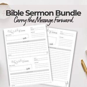 May include: Two white paper sermon templates with the text "Bible Sermon Bundle Carry the Message Forward". Each template has sections for notes, Bible verses, and faith. A cup of coffee, a candle, and a pen are also visible.