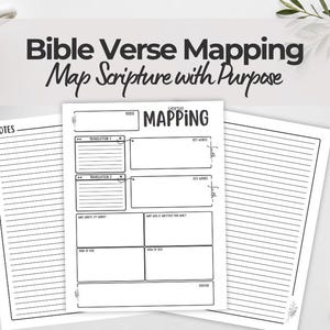 May include: A white Bible verse mapping worksheet with the text "Bible Verse Mapping Map Scripture with Purpose." The worksheet includes sections for verse, translation, key words, and notes. A pen and a cup of coffee are also visible.