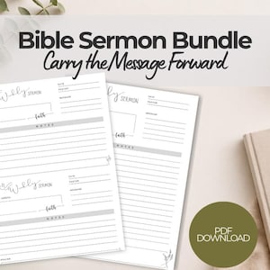 May include: A Bible Sermon Bundle with the text "Bible Sermon Bundle Carry the Message Forward." The image shows two white sermon templates with grey lines and text fields. A beige book with "HOLY BIBLE" is on the right, and a coffee cup is visible.