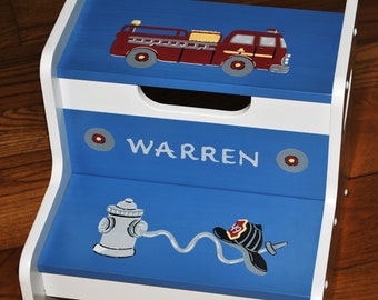 Kids 2 Step Stool - Fire Truck - Fire Engine - Nursery - Children's Step Stoll - Baby Gift - Shower Gift