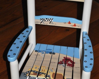 Handpainted Rocking Chair,Kids Rocking Chair,Childs Rocking Chair,Nursery Furniture,Baby Shower,Toddler Gift, Construction,Bulldozer,Trucks