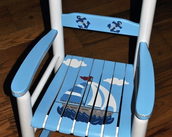 Handpainted Rocking Chair,Kids Rocking Chair,Childs Rocking Chair,Nursery Furniture,Baby Shower,Toddler Gift,Out To Sea,Nautical,Personalize