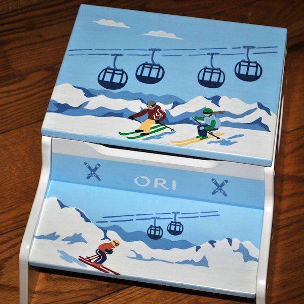 Kids 2 Step Stool,Skiing,Boys,Girls,Childrens Step Stool, Step Stool,Baby Shower,Kids' Furniture,Chair,Baby Gift,Mountains,Forest,Snow