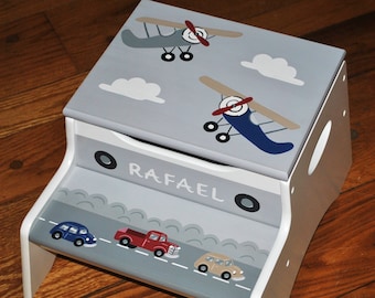 Kids 2 Step Stool, Hand Painted, Boys Step Stool, Baby Shower,Chair,Baby Gift,Airplanes,Cars & Trucks,Nursery