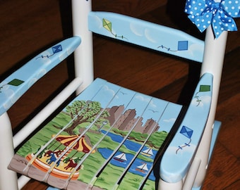 Handpainted Rocking Chair,Kids Rocking Chair,Childs Rocking Chair,Rocker,Nursery Furniture,Baby Shower,Toddler Gift,Sunday In The Park,Boat