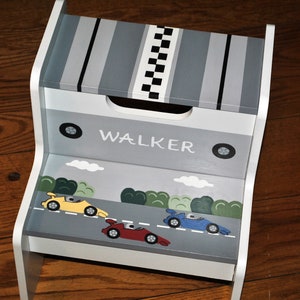 Kids 2 Step Stool,Childrens Step Stool,Race Cars,Hand Painted,Boy,Girl,Step Stool,Baby Shower,Kids&#39; Furniture,Chair,Baby Gift,Nursery