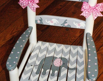 Handpainted Rocking Chair,Kids Rocking Chairs,Childs Rocking Chair,Nursery Furniture,Baby Shower,Toddler Gift,Pink Elephant,Girl,Personalize