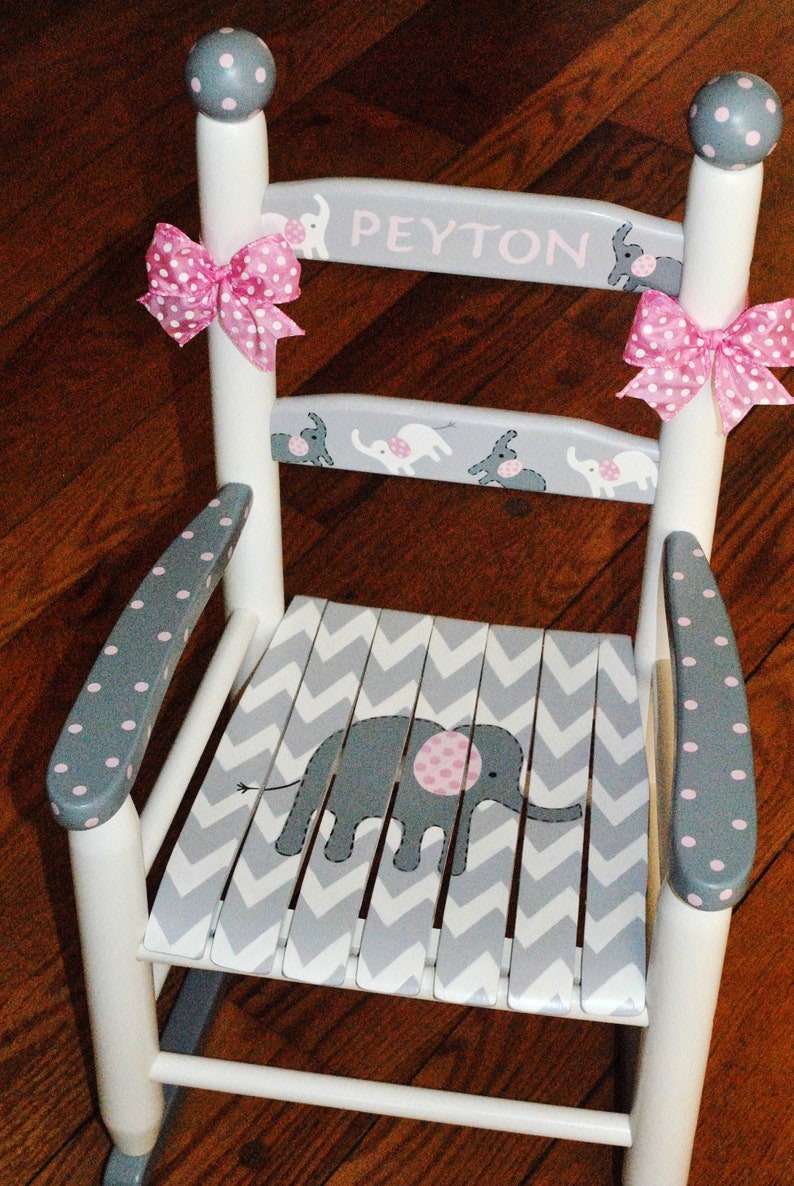 Handpainted Rocking Chair,Kids Rocking Chairs,Childs Rocking Chair,Nursery Furniture,Baby Shower,Toddler Gift,Pink Elephant,Girl,Personalize image 1