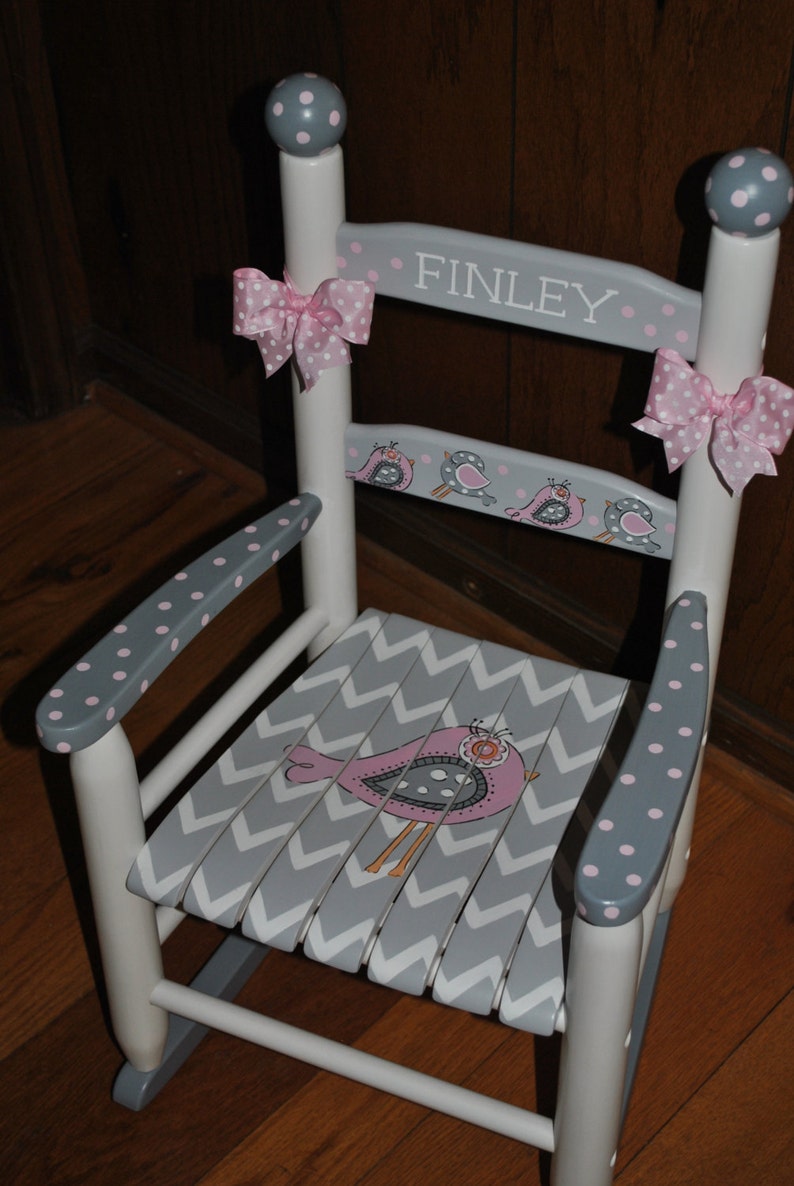 Handpainted Rocking Chair-Kids Rocking Chairs-Rocking Chair-Rocker-Nursery Furniture-Baby Shower-Toddler Gift-New Birdie-Chevron-Girl image 2