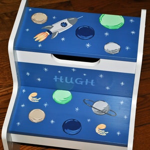 Kids 2 Step Stool,Childrens Step Stool,Outer Space With Rocket,Hand Painted,Boy,Girl,Step Stool,Baby Shower,Kids&#39; Furniture,Chair,Baby Gift