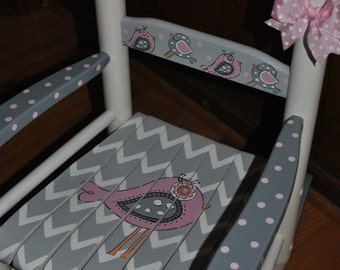 Handpainted Rocking Chair-Kids Rocking Chairs-Rocking Chair-Rocker-Nursery Furniture-Baby Shower-Toddler Gift-New Birdie-Chevron-Girl